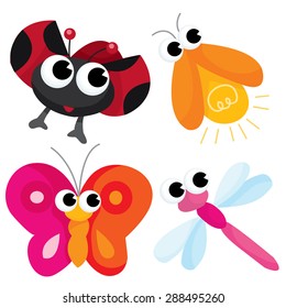 Pequeños bichos de dibujos animados como ladybird, luciérnagas, mariposa y dragonfly ilustran vectoriales.