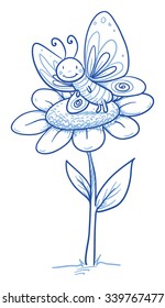 Cute little cartoon butterfly on a daisy flower. For children or baby shower cards. Hand drawn vector illustration.