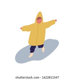 Cute little cartoon child in raincoat running on puddle vector flat illustration. Happy kid jumping having fun at rainy day isolated on white background. Colored baby funny childhood outdoor