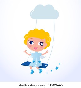 Cute little cartoon Christmas Angel / Cupid with blond hair Blond Angel sitting in the sky - Vector Illustration.