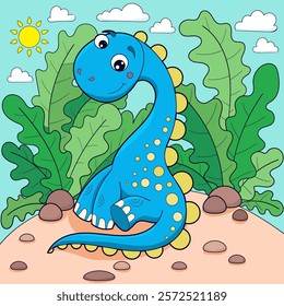 Cute little cartoon dinosaur sitting among the bushes. For children's design of prints, posters, cards, stickers, puzzles, etc. Vector illustration.