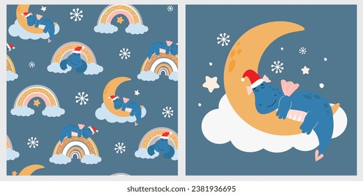 A cute little cartoon dragon sleeps on the moon. Baby pattern with fantasy animals, rainbow, stars and snowflakes. Vector graphics.