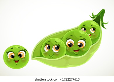 Cute little cartoon emoji green peas in a pod isolated on white background