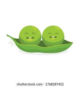 cute little cartoon emoji green peas in pod isolated on white background, vector illustration