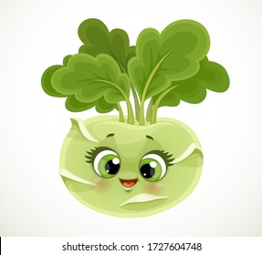 Cute little cartoon emoji kohlrabi cabbage isolated on white background