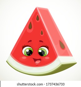 Cute little cartoon emoji piece of red watermelon isolated on white background