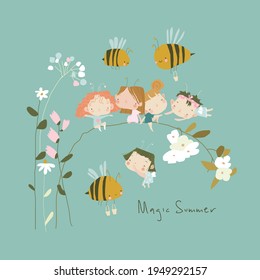 Cute little cartoon fairies sitting on flowers