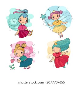 Cute little cartoon fairy girls. Elves princesses with wings. Vector 