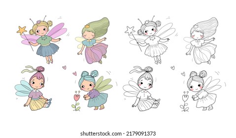 Cute little cartoon fairy girls. Elves princesses with wings. Vector.  Illustration for coloring books. Monochrome and colored versions.