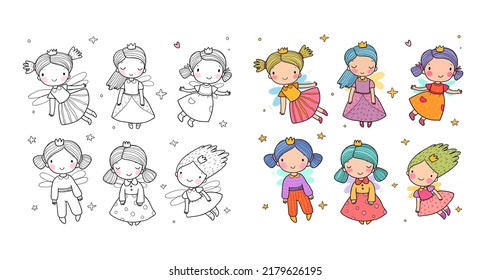 Cute little cartoon fairy girls. Elves princesses with wings. Illustration for coloring books. Monochrome and colored versions.