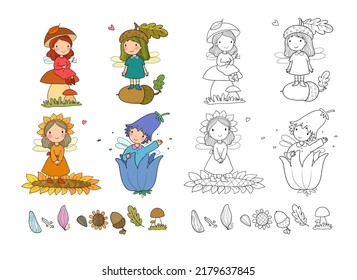 Cute little cartoon fairy girls. forest gnomes. Elves princesses with wings. Illustration for coloring books. Monochrome and colored versions. Vector