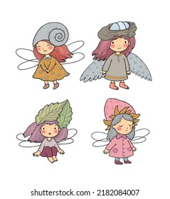 Pequeñas y bonitas caricaturas de hadas. Las princesas de los elfos con alas. Vector. 