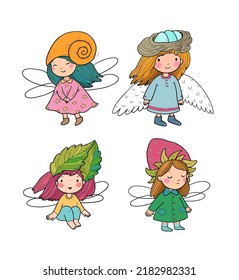 Cute little cartoon fairy girls. Elves princesses with wings. Vector. 