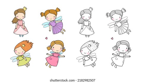 Cute little cartoon fairy girls. Elves princesses with wings. Illustration for coloring books. Monochrome and colored versions.