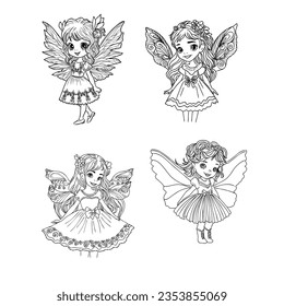 Cute little cartoon fairy girls. Elves princesses with wings. Illustration