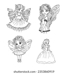 Pequeñas y bonitas caricaturas de hadas. Las princesas de los elfos con alas. Ilustración