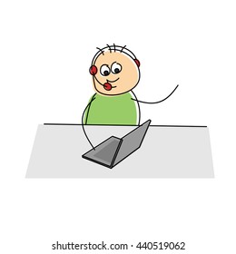 Cute little cartoon figure wearing a headset and using a laptop computer sitting at a table conceptual of a call center, client services and business