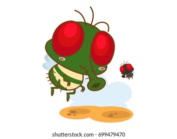 Cute little cartoon flies on a white background