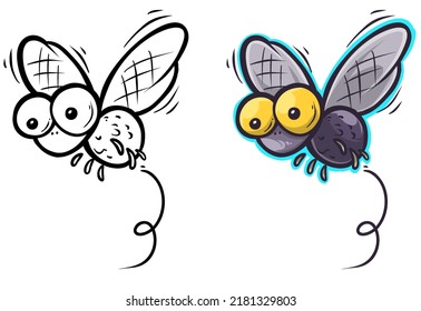 Cute Little Cartoon Fly Insect In Blue With Big Yellow Googly Eyes. Vector Icon Isolated On White Background.