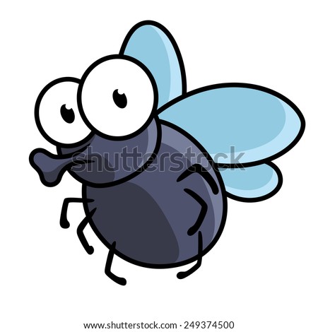 Cute little cartoon fly insect in blue with big googly eyes and a protruding proboscis