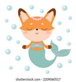 Cute little cartoon fox mermaid. Children's illustration.