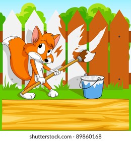 Cute little cartoon fox with paintbrush and wooden board on fence background. Vector illustration.