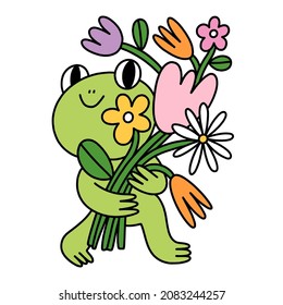 Cute little cartoon frog with flowers bouquet, vector illustration, isolated on white background