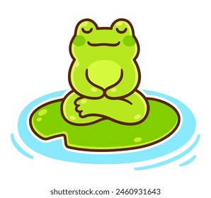 Cute little cartoon frog sitting in meditation on lily pad. Adorable meditating froggy vector illustration.