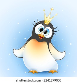 Cute little cartoon funny penguin princess with crown under winter snowfall