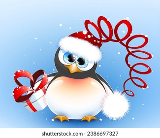 Cute little cartoon funny Santa Claus penguin with Santa hat and gift box