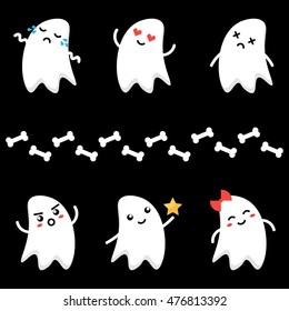 Cute little cartoon ghosts characters with different facial expressions. Emoji set, collection on dark background.