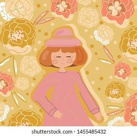 Cute little cartoon girl with flowers pattern. Back to school, hello autumn design template for copybooks, t-shirts and kids accesories and clothes. 