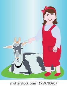 Cute Little Cartoon Girl with Goat vector illustration design