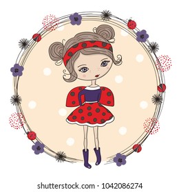 Cute little cartoon girl in a ladybug costume. Suitable for t-shirt print, poster, greeting card. Vector illustration.