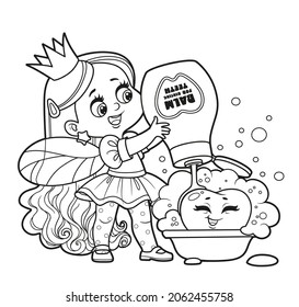 Cute little cartoon girl tooth fairy pours balm on a tooth rinse outlined for coloring on white background