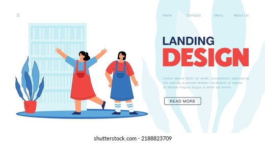 Cute little cartoon girls in library or bookstore. Happy children in bookshop flat vector illustration. Education, knowledge, literature concept for banner, website design or landing web page