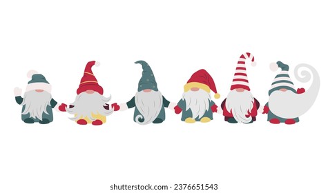 Cute little cartoon gnomes holding hands. Christmas dwarf woman, leprechaun, elf