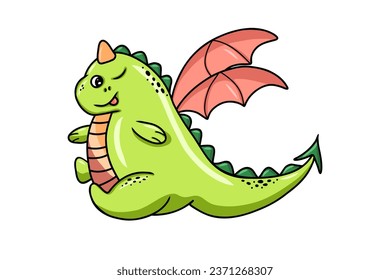 Cute little cartoon green dragon with wings. Funny smiling fantasy character, young friendly mythical reptilian monster isolated on white background.