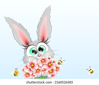 Cute  little cartoon grey Bunny girl with bouquet of flowers and funny fluffy bees.