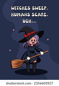 Cute little cartoon grumpy witch with a broom. Sorceress cleaning up Halloween messes. Halloween poster. Vector illustration