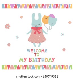 Cute little cartoon hare. Greeting card with cartoon hare. Welcome to my Birthday.