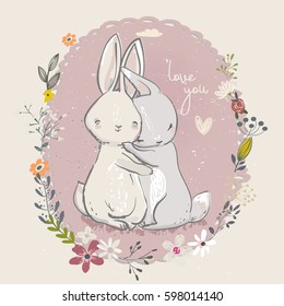 cute little cartoon hares with flower frame