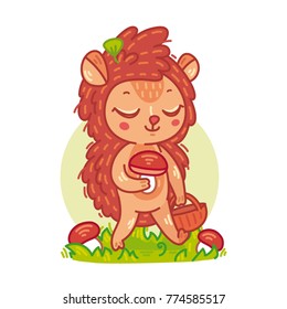 Cute little cartoon hedgehog with basket picking mushrooms. Vector illustration for kids