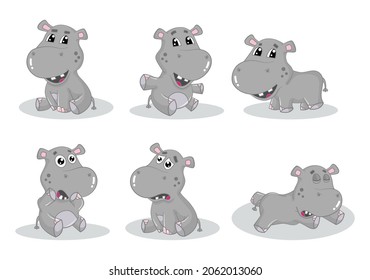 Cute little cartoon hippo with different poses