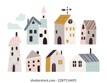 Cute little cartoon houses isolated clip arts set, small funny buildings in Scandinavian style. Tiny urban or village scandi homes with windows, windvane, chimneys, flat vector illustrations pack