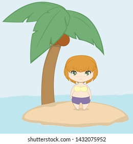 Cute little cartoon island with a coconut tree inhabited by a cute girl with red hair