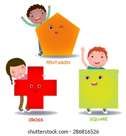 Cute little cartoon kids with basic shapes (square, cross, pentagon) for children education