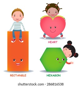 Cute little cartoon kids with basic shapes (heart, hexagon, rectangle) for children education