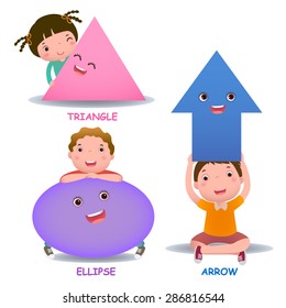 Cute little cartoon kids with basic shapes (ellipse, arrow, triangle) for children education