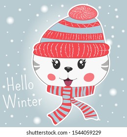 Cute little cartoon kitty in knitted cap and scarf.  Modern flat poster for prints, kids cards, t-shirts and other. Vector illustration. Greeting card.